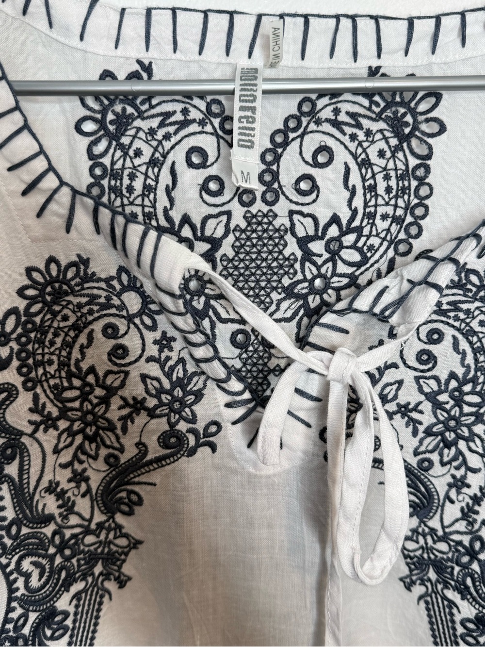 Monoreno Embroidered Linen Tunic Dress White Navy Boho Western Medium - Picture 4 of 12